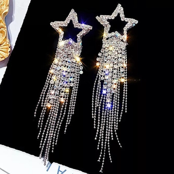 Silver Rhinestone 18k White GP Star Tassel Earrings - Picture 4 of 5